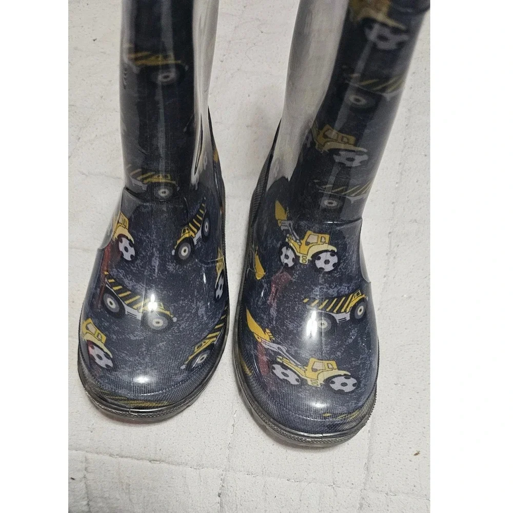 Kids Construction Vehicle Light Up Rain Boots Waterproof Pull On Blue Yellow 11